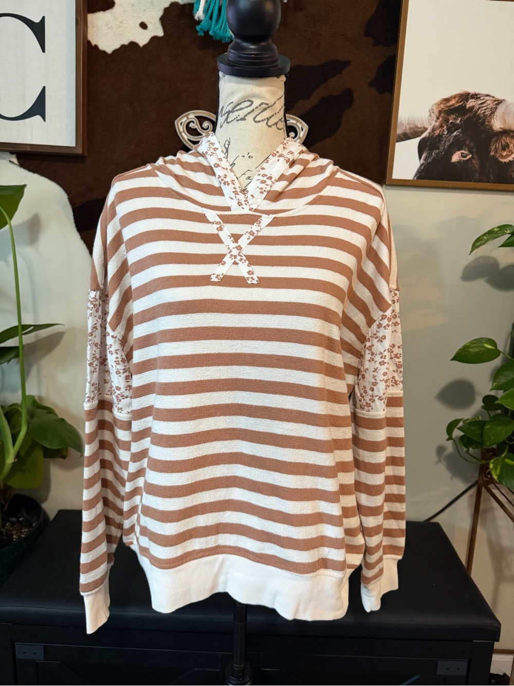 BKE Cream & Taupe Striped Hooded Pullover with Floral Trim